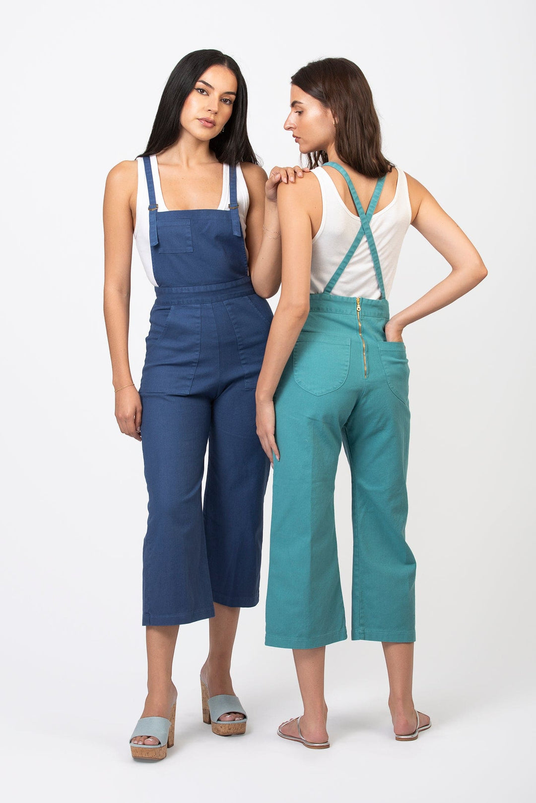 Cameo Clothing Line cropped denim overalls with adjustable straps, front pockets, and a relaxed fit on a model.