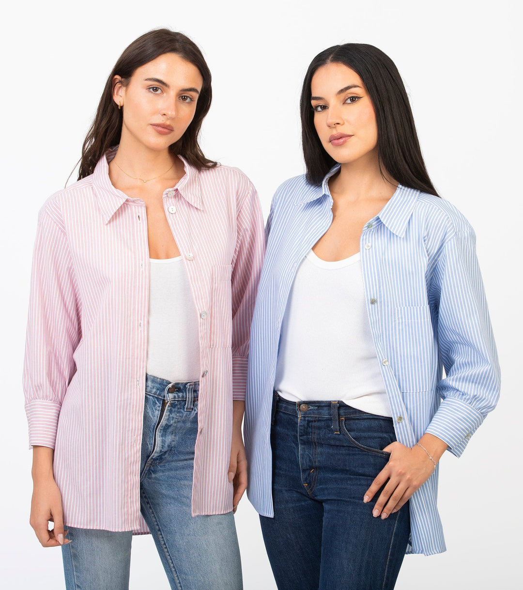Cameo Clothing Line Oxford blouse in white and navy stripe, long-sleeve shirt with button-up front, casual and stylish top