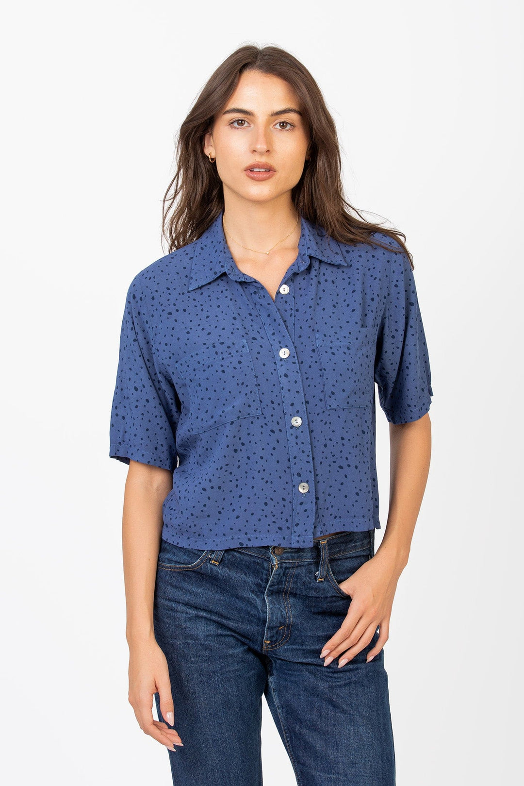 Cameo Clothing Line mash blouse in spot print, lightweight shirt with long sleeves and button front, casual and stylish women's top