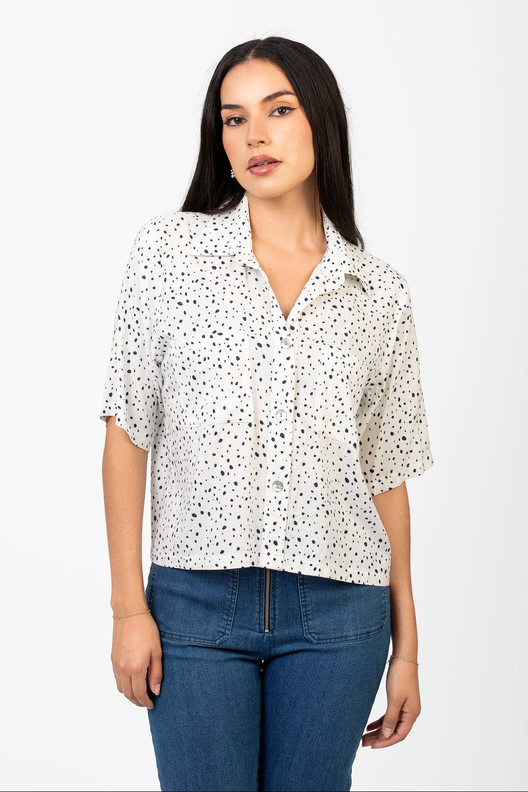 Cameo Clothing Line mash blouse in spot pattern, featuring a stylish shirt with a relaxed fit and long sleeves.