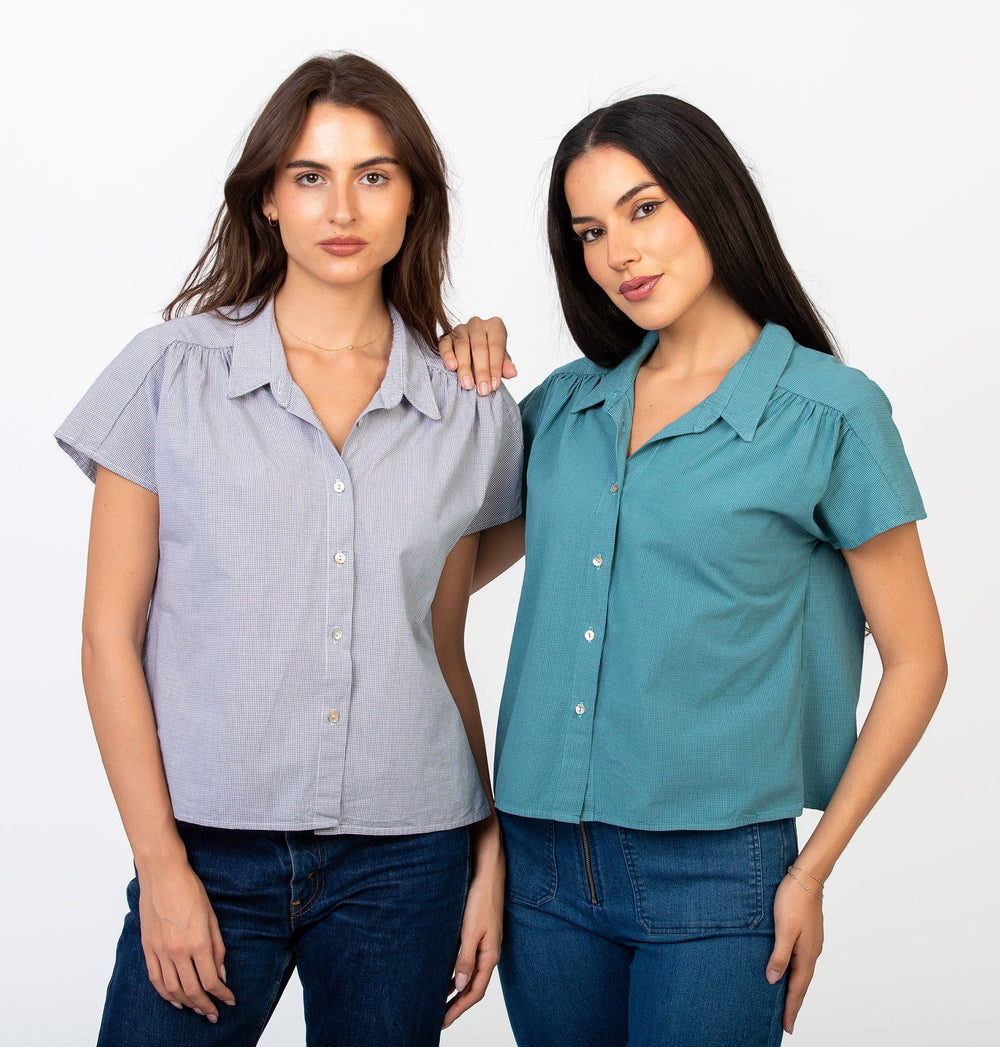 Cameo Clothing Line Carol blouse in cotton graph pattern, featuring a stylish shirt with a relaxed fit and button details.