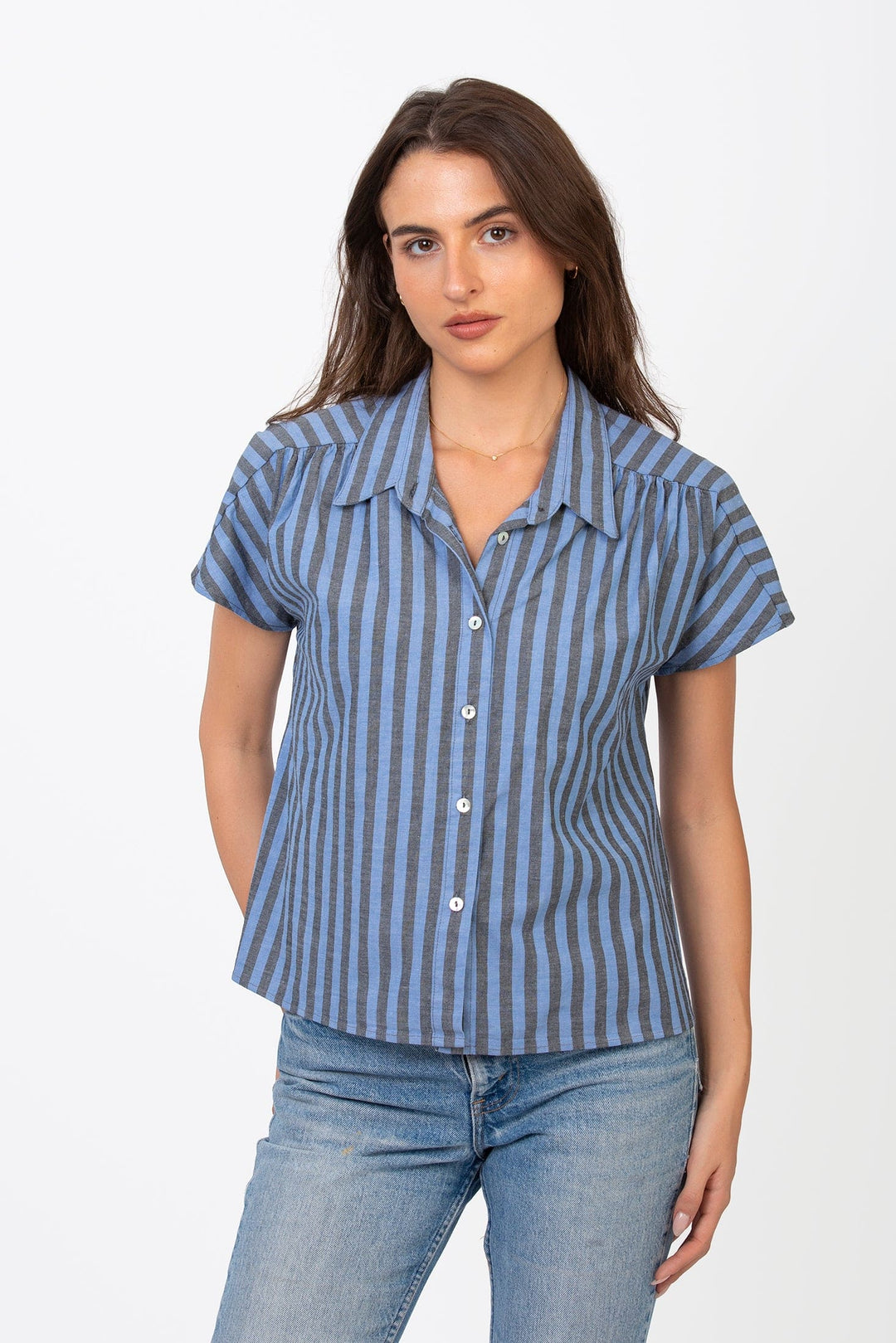 Striped Carol blouse by Cameo Clothing Line, stylish shirt with a relaxed fit and classic pattern, displayed on a hanger.