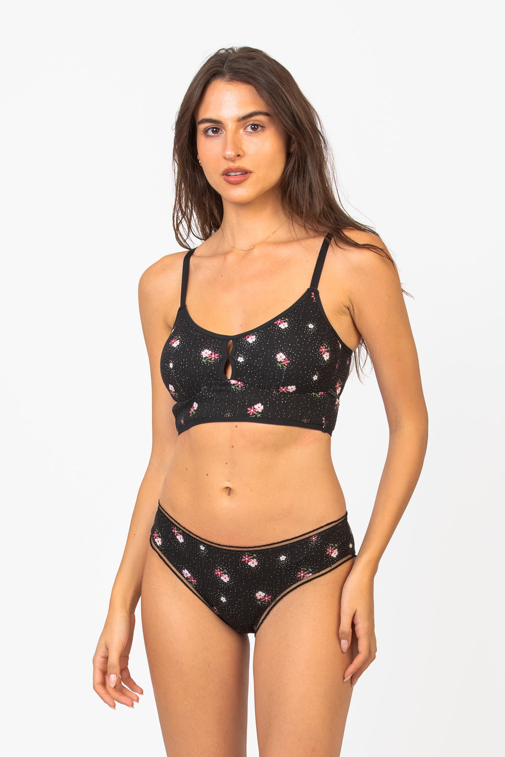 Cameo Clothing Line floral print classic bralette in soft fabric, featuring delicate lace trim and adjustable straps.