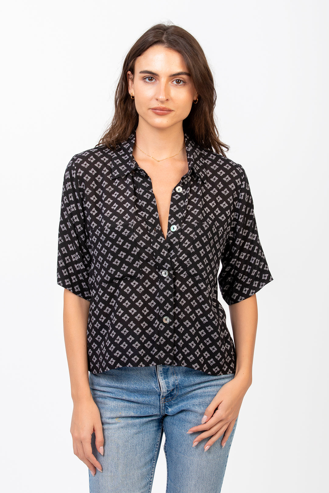 Cameo Clothing Line Mash Blouse in rayon jacquard with origami-inspired design, stylish shirt or top for everyday wear.